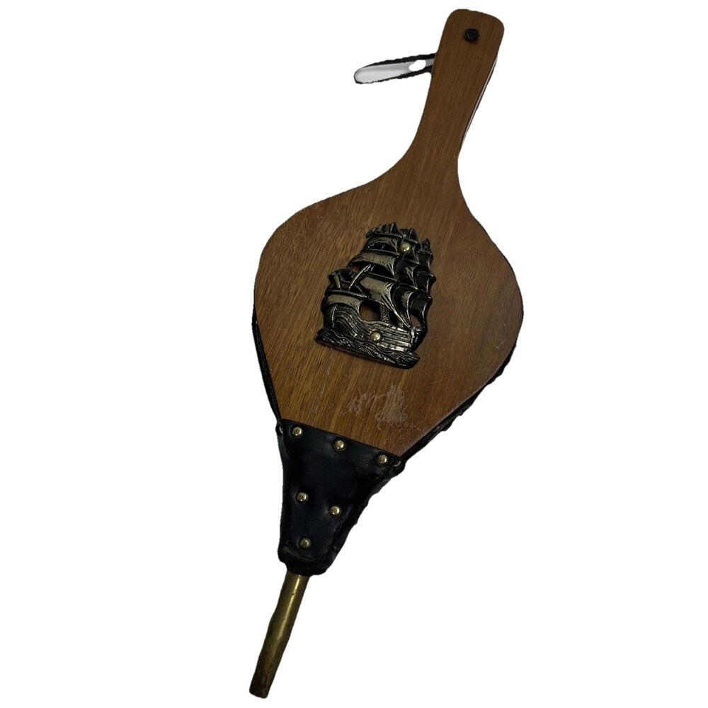 VTG Fireplace Bellows‎ Wood Leather Brass Ship Rustic Farmhouse Cottagecore 19"